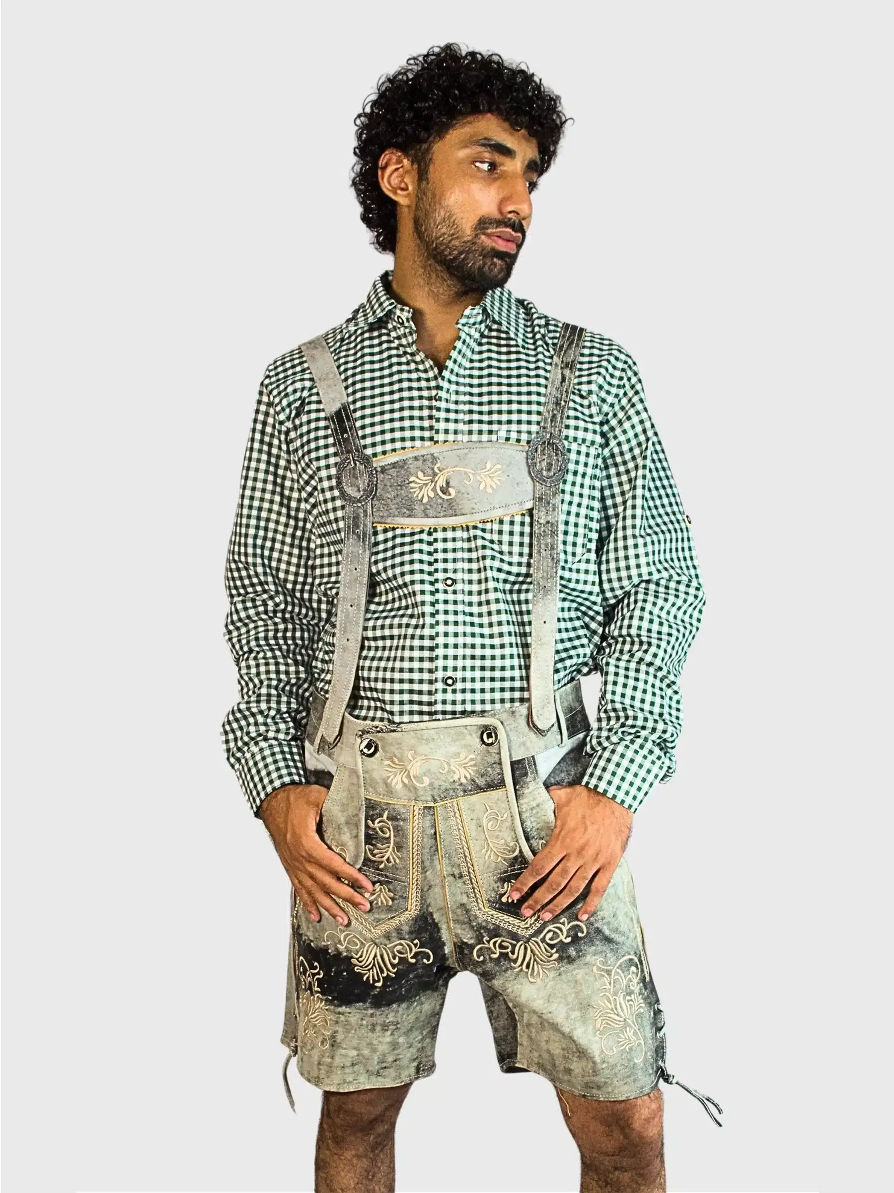 Men's shaded grey leather lederhosen with embroidered suspenders and buttoned fly
