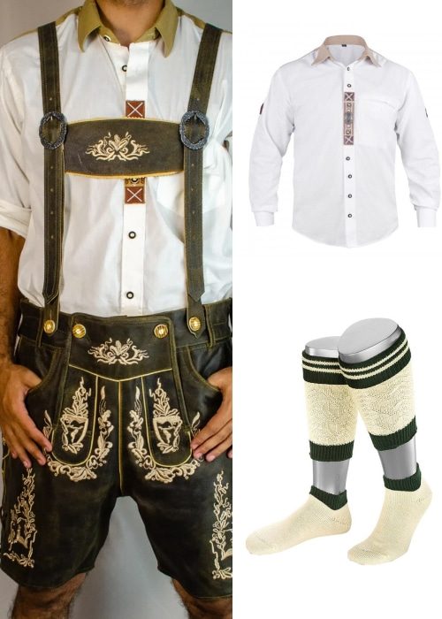 Oktoberfest men's clothing bundle featuring embroidered leather Lederhosen, green checkered shirt, and Loferl socks. - Lederhosen For Sale