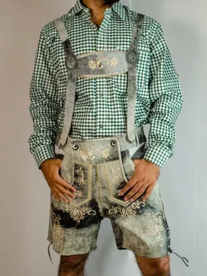 Trachten Short Mens Lederhosen Shaded Grey – Front View - Lederhosen For Sale