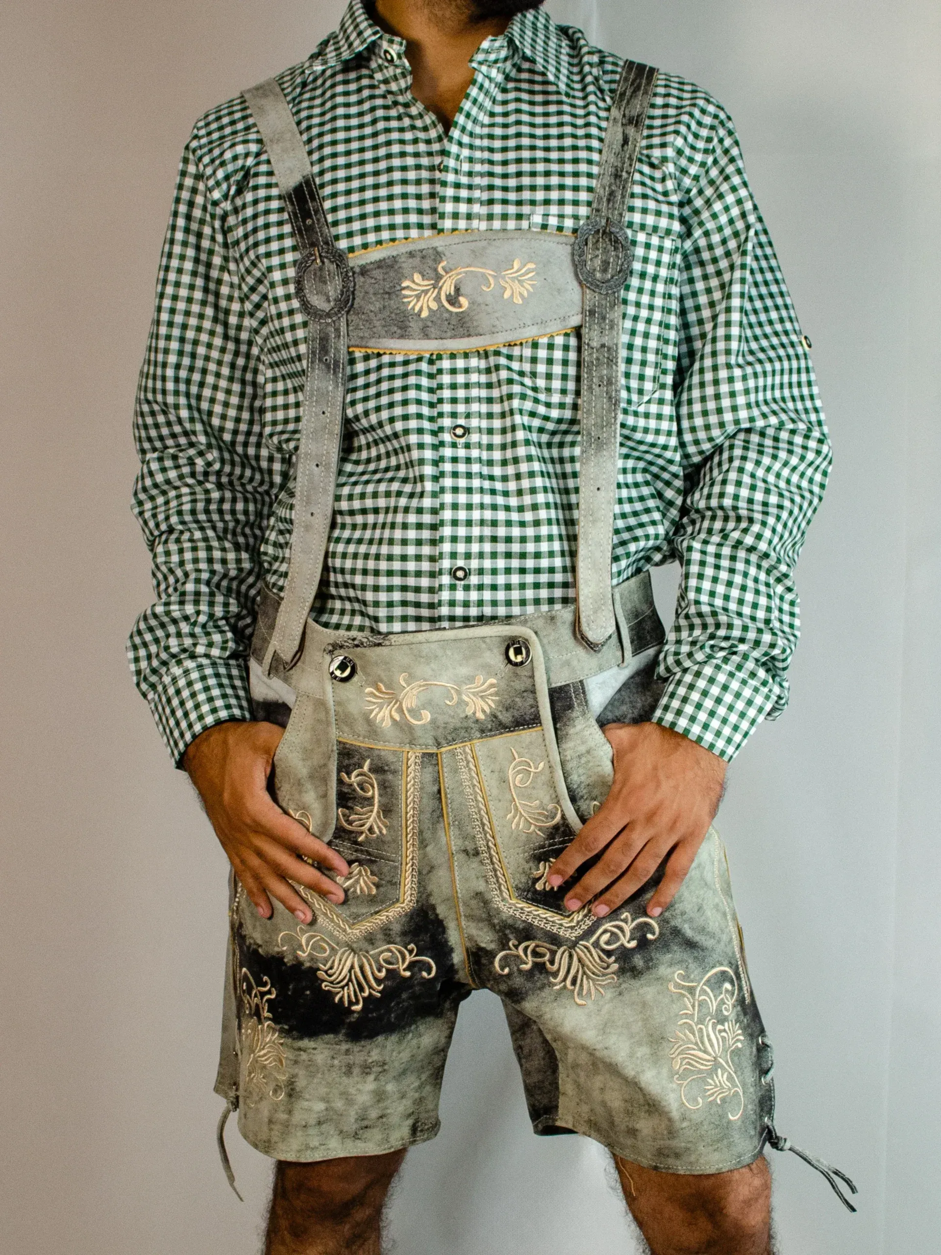 Trachten Short Mens Lederhosen Shaded Grey – Front View - Lederhosen For Sale