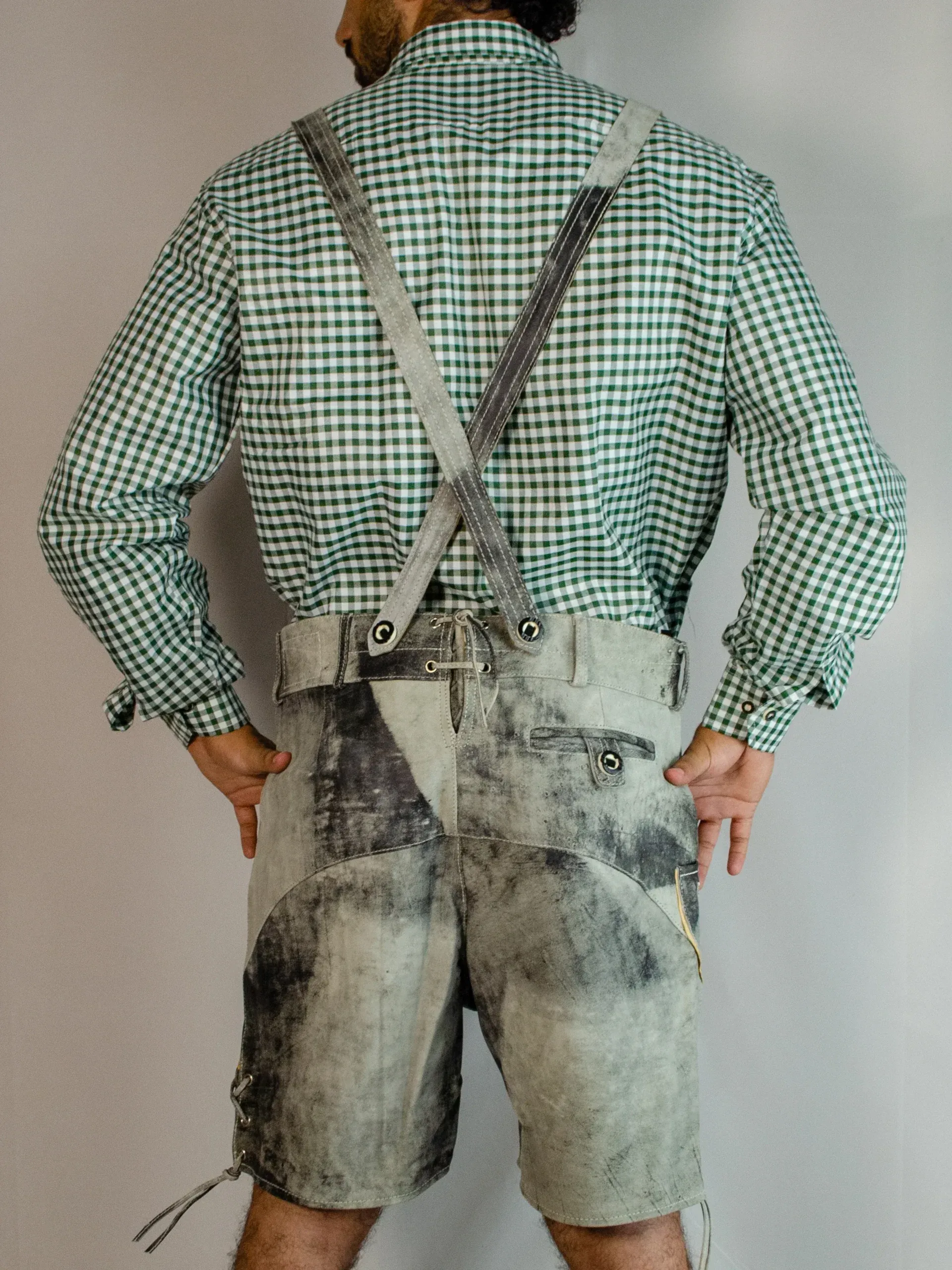 Trachten Short Mens Lederhosen Shaded Grey – Back View - Lederhosen For Sale