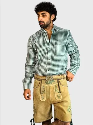 Men's handcrafted light gold Oktoberfest lederhosen with embroidered front and matching suspenders