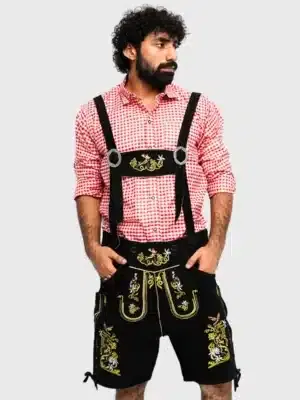 Men's night black short lederhosen with multi-color embroidery and traditional buttoned front