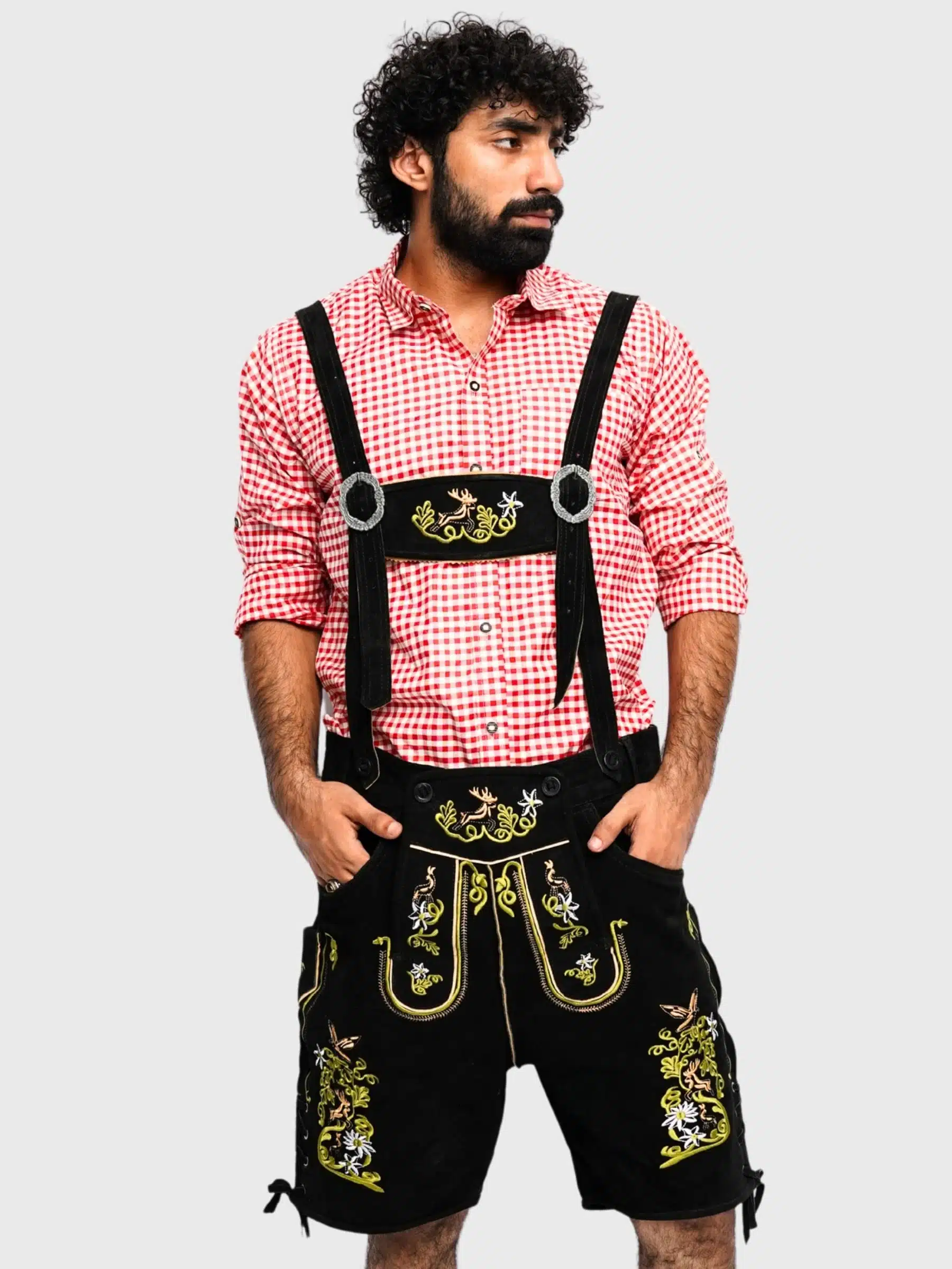 Men's night black short lederhosen with multi-color embroidery and traditional buttoned front